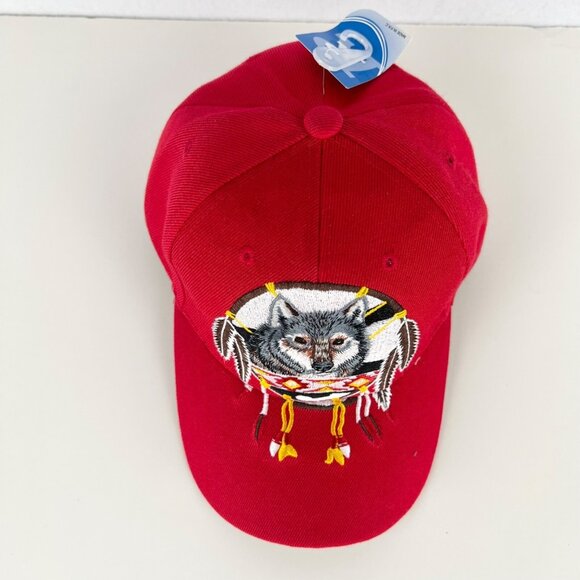 Native Pride Men's Red Cap One Size Embroidered Wolf Dreamcatcher NWT - Picture 5 of 7